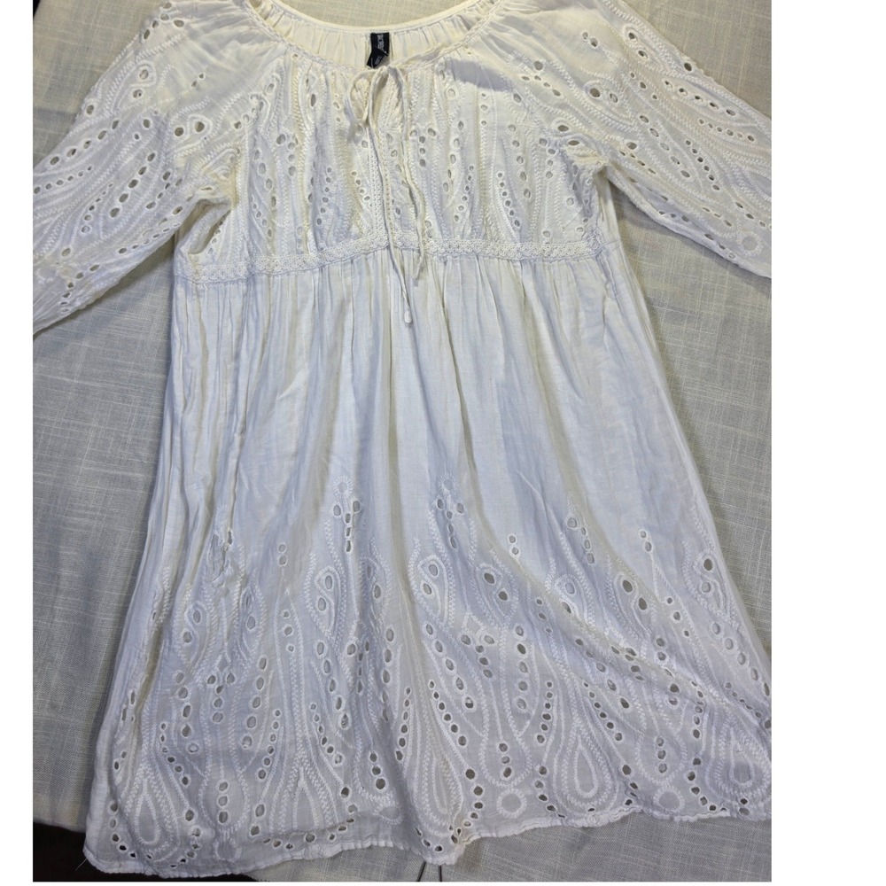 Sacred Threads White Cotton Eyelet Peasant Tunic Mini Dress Boho Long Sleeve L